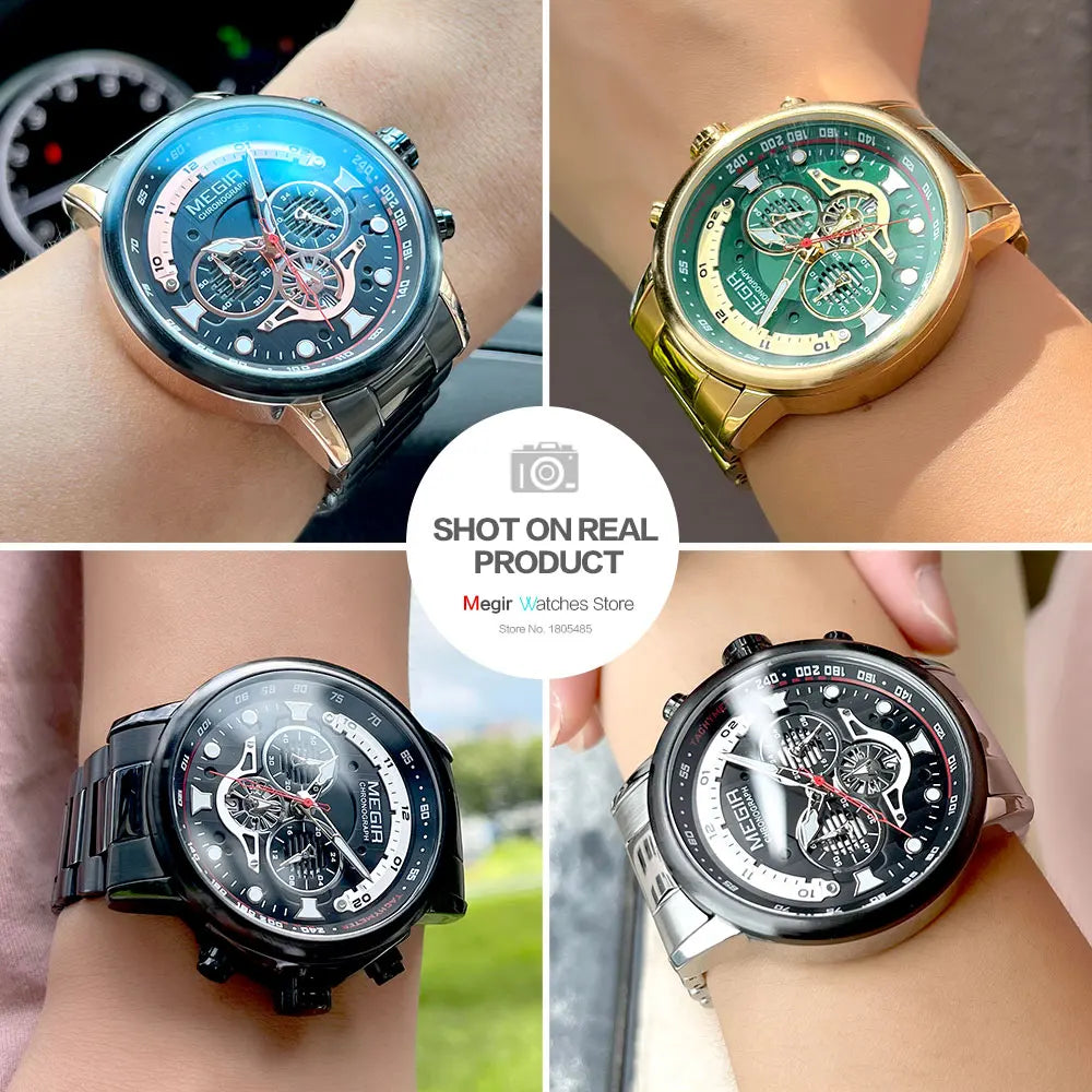 MEGIR Men's Watch Fashion Waterproof Chronograph Quartz Wristwatch with Auto Date Stainless Steel Strap Luminous Hands 24-hour