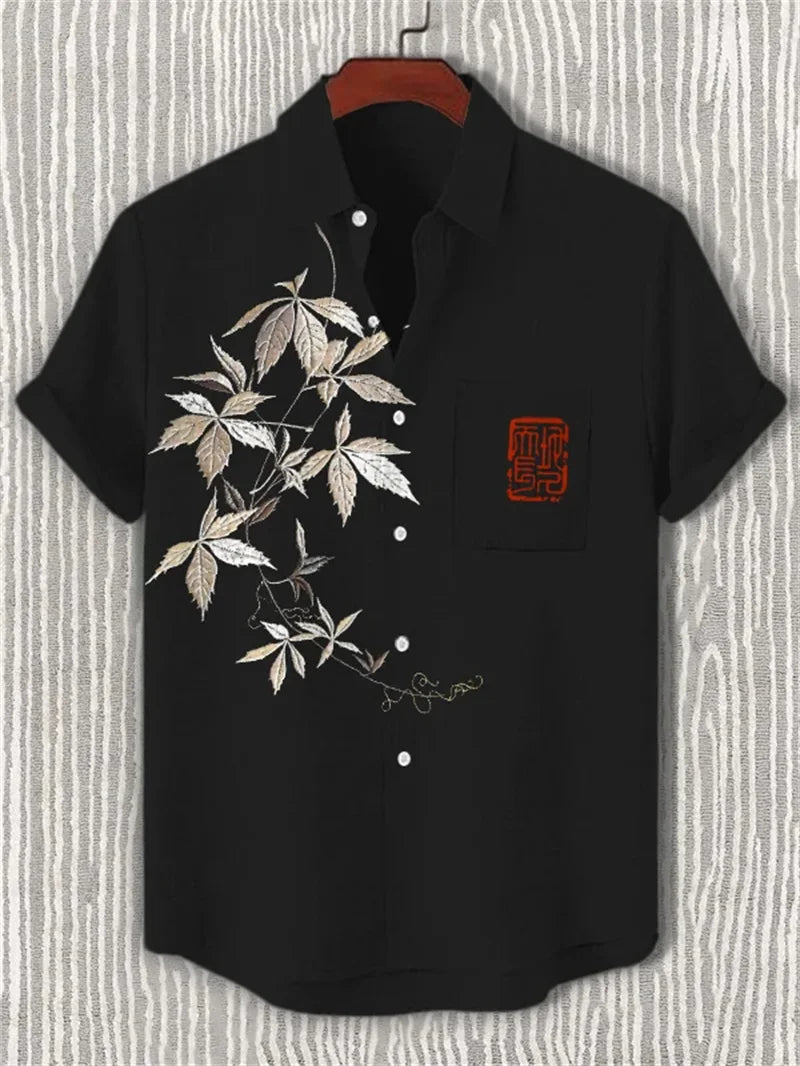 New men's linen art 3D wave print short sleeved shirt with warrior cat animal pattern casual short sleeved shirt top