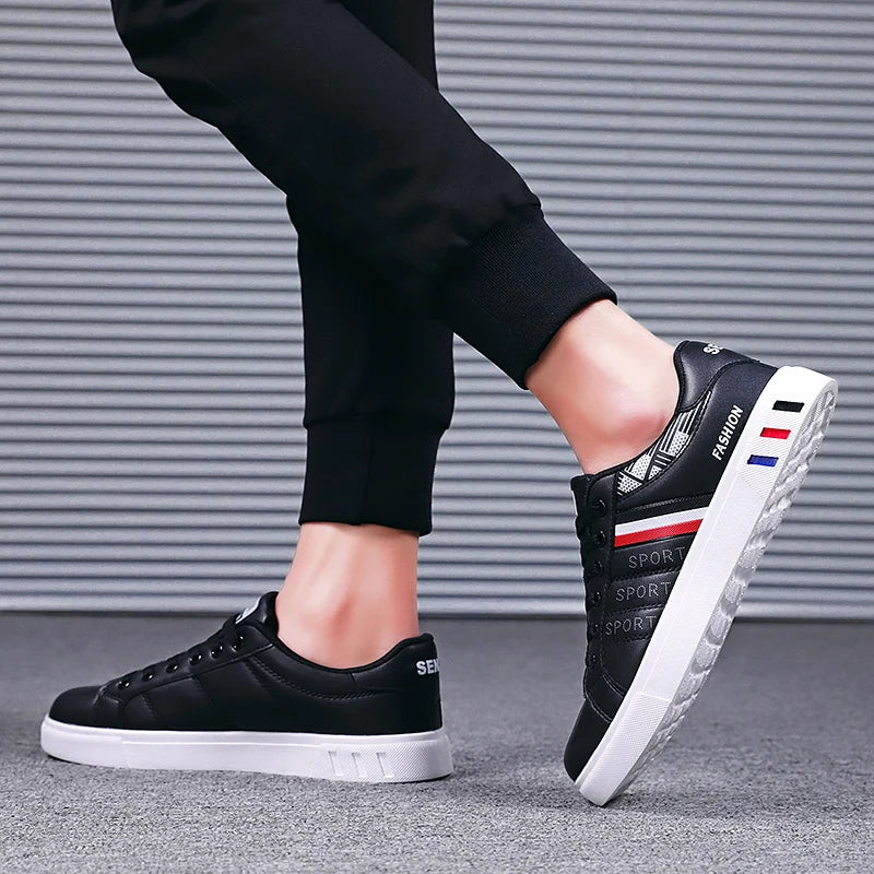 Men's Casual Sports Shoes for Men Lightweight PU Leather Sneakers  Breathable Mens Flat WhiteTennis Shoes
