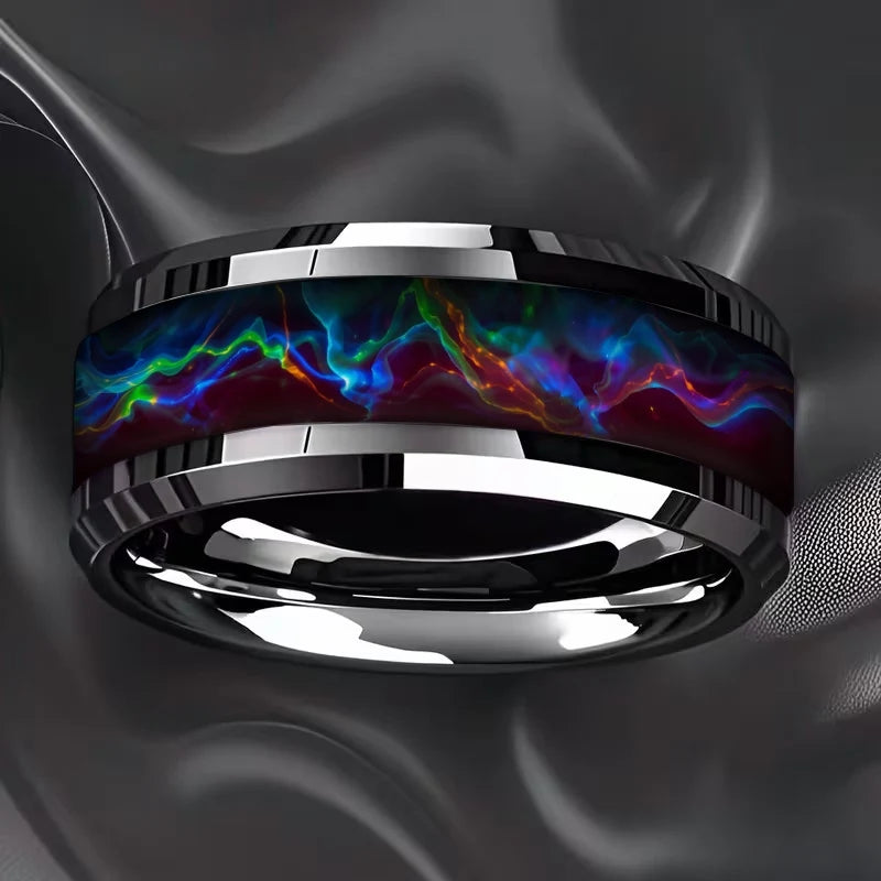8mm Red Galaxy Nebula Crushed Stone Stainless Steel Ring Promise Wedding Ring for Men & Women, Comfort Fit, Wedding Band Jewelry
