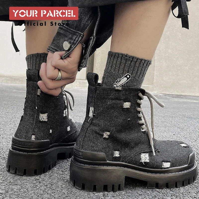 Mating boots for men new design black washed denim canvas short boots distressed style thick soled shoes Street Style