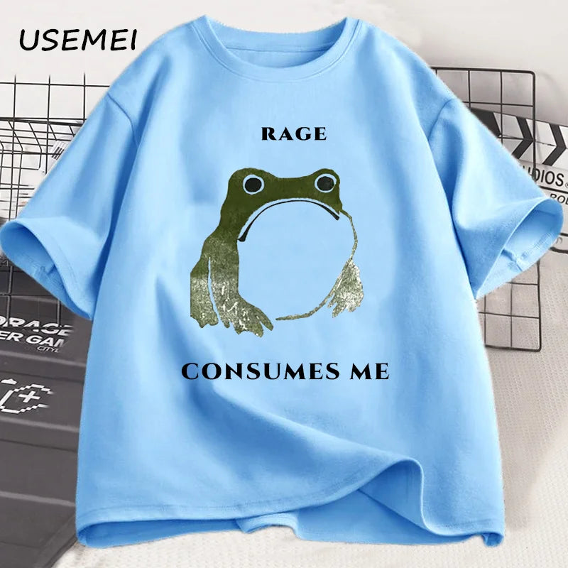Men's T Shirts Funny Rage Consumes Me Frog Graphic T Shirts Vintage Cotton Short Sleeve Printed T-shirt Mens Clothes Streetwear