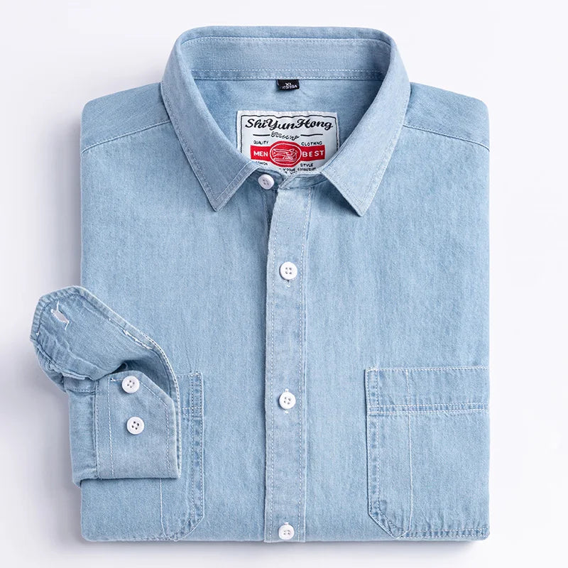 New men's long-sleeved shirt 100% cotton denim spring/summer casual non-ironing high quality breathable plus size solid color