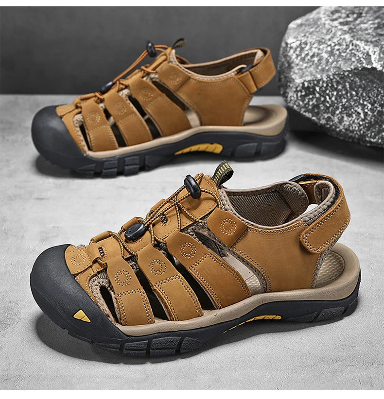 Men's Sport Sandals Outdoor Hiking Sandals Closed Toe Leather Fashion All-match Light Trail Walking Casual Sandals Water Shoes