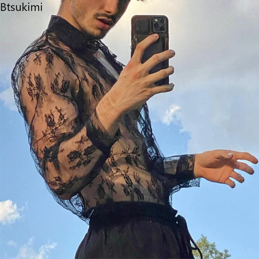 New 2025 Men's Casual Long Sleeve Shirts Black See-through Lace Top Shirts Slim Sexy Club Party Men's Sexy Shirt Hollow Out Tops