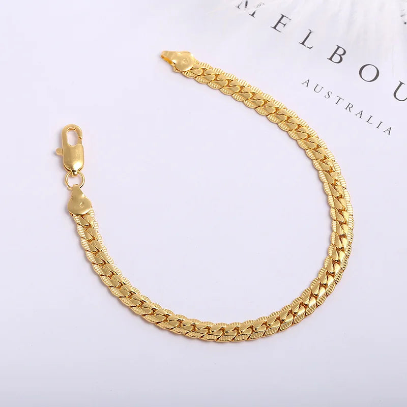 18K Gold 925 Sterling Silver Bracelets For Men Women Simple 5mm 20cm Flat Side Chain Bracelet Unisex Charm Jewelry Gifts