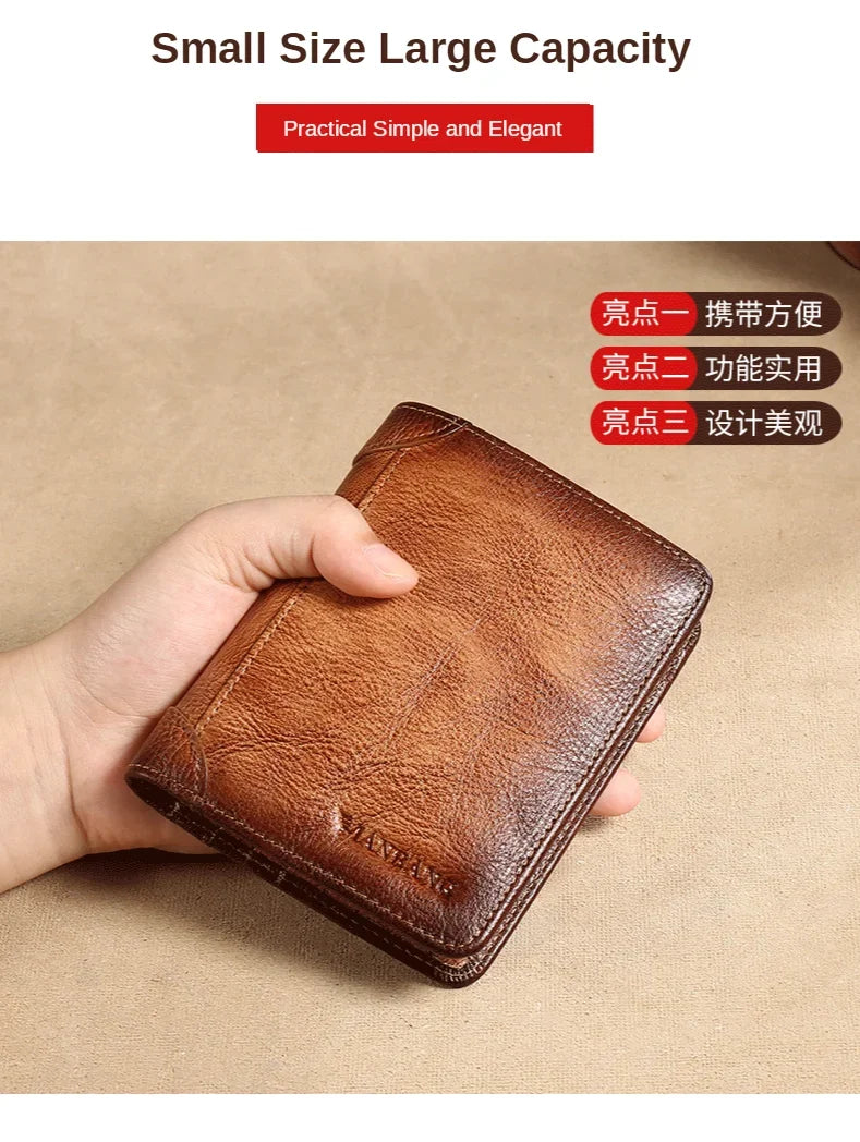 【Genuine Cow Leather / Gift Box】ManBang Luxury Men's Wallet RFID Short Trifold For Men with ID Window and Credit Card Holder