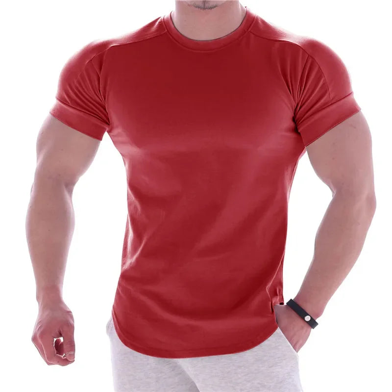 NEW Men Summer T Shirts High Elastic Slim Fit T shirt Men Quick-drying Curved Hem Mens T-Shirts Fitness casual Solid Color tops