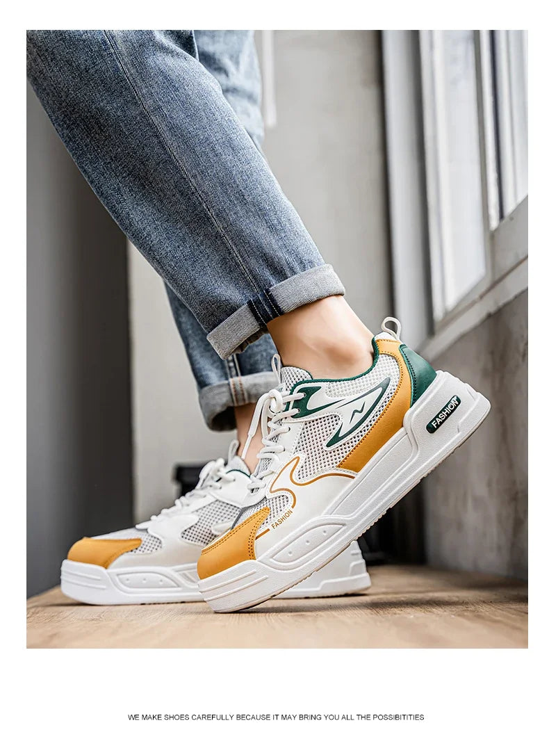 Men's Sneakers for Spring and Summer Are Breathable Fashionable Low-top Round-toe Lace-up and Color-blocked Sports Shoes