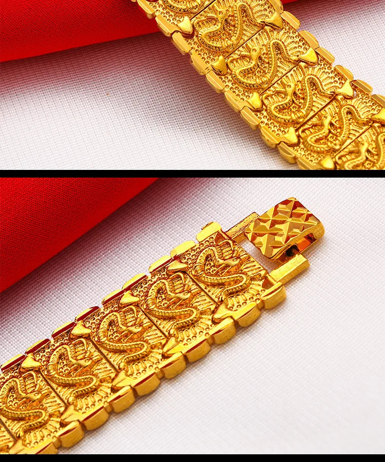 EternaGold Men's 24K Gold (AU999) Overbearing Long Dragon Watch Chain | Gold-inlaid dragon eyes, hammered dragon bone with adjus