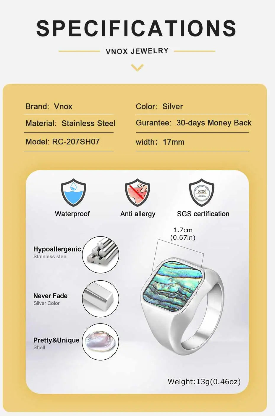 Vnox Punk Square Signet Ring for Men Boys, 17mm Wide Silver Color Stainless Steel Finger Rings, Hip Hop Party Jewelry Gifts