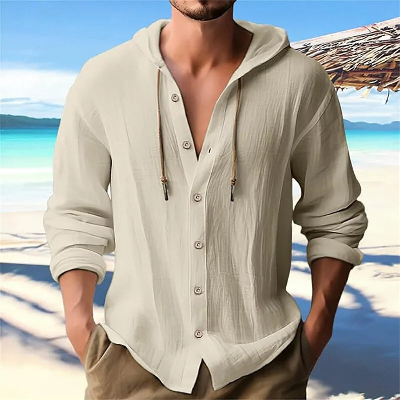 Men's Beach Casual Shirts Cotton Linen Hooded Long Sleeve Shirt Man Fashion Loose Solid Button Cardigan Streetwear Tops Clothing