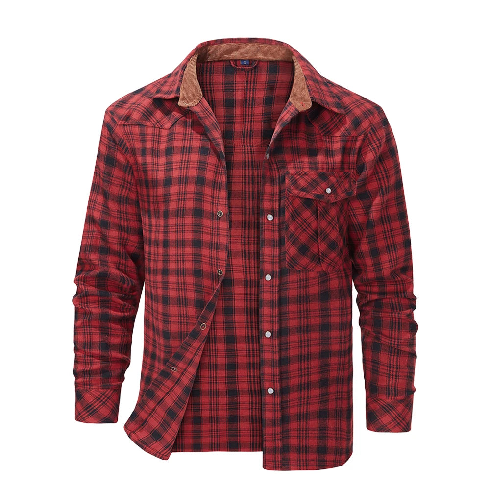 Men's Shirts Spring Flannel Long Sleeve Plaid Checkered Brushed Casual Western Cowboy Pearl Snap Shirt Popular Clothes US Size
