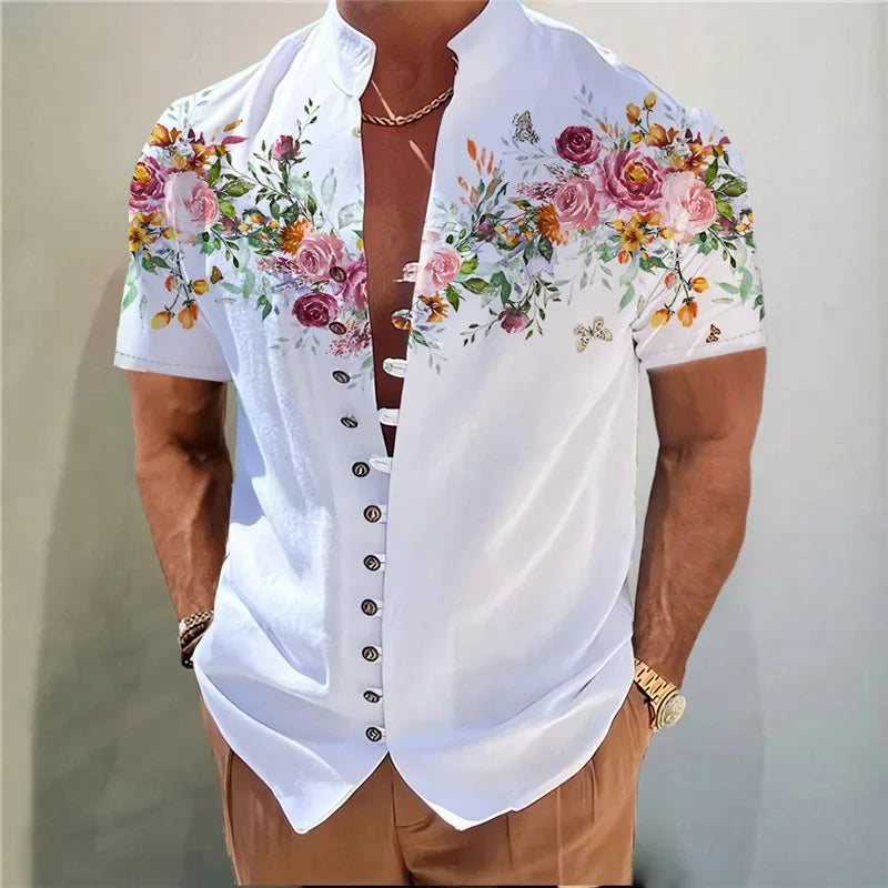 Men Shirts New Print Button Short Sleeves Shirt Fashion Stand Collar Loose Fitting Men's Shirts Casual Beach Streetwear Hot Sale