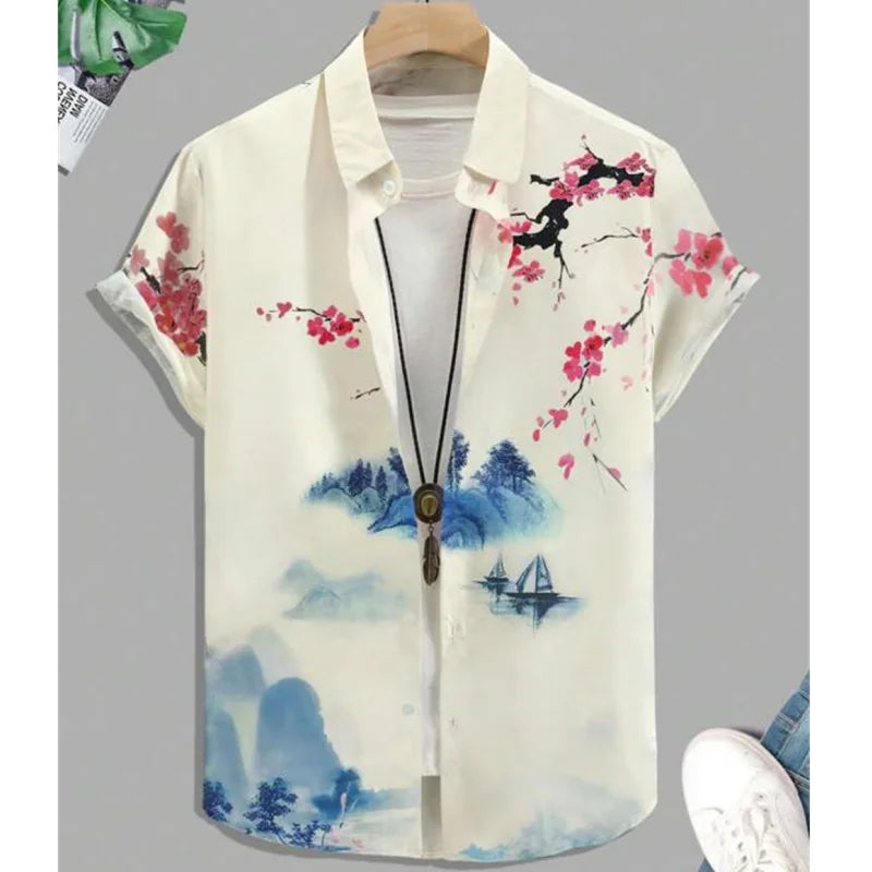 Fashion Shirt for Men 3d Ink Painting Prints Men'S Clothing Daily Casual Short Sleeve Beach Party Sweatshirt Street Hawaii Shirt