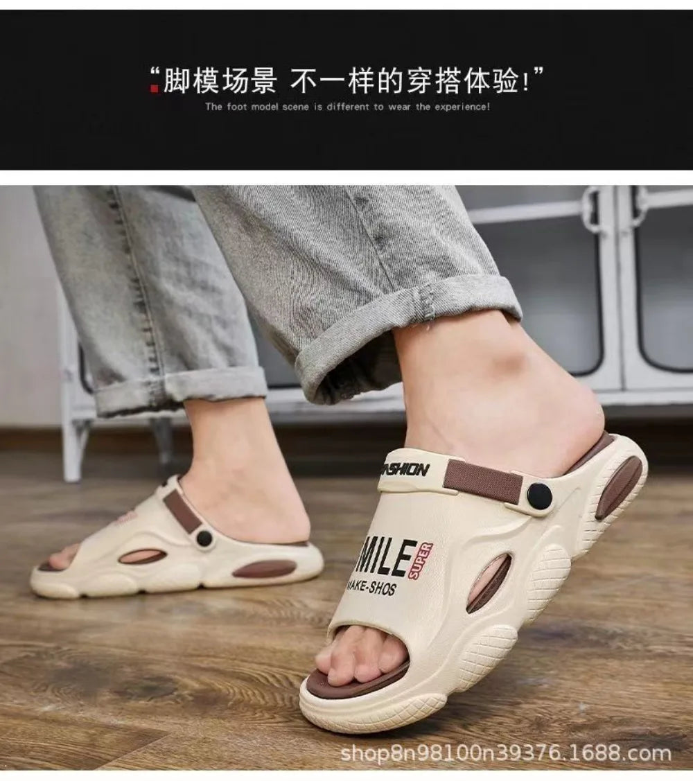 2025 new men's slippers for summer outdoor wear, driving for home use, anti slip, thickened beach sports, outdoor sandals