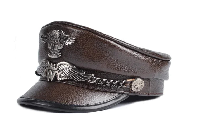 Unisex German Military Cap Man Genuine Leather Flat Top Hat Korean Fashion Eagle Mark Chain Punk Locomotive Casquette Male