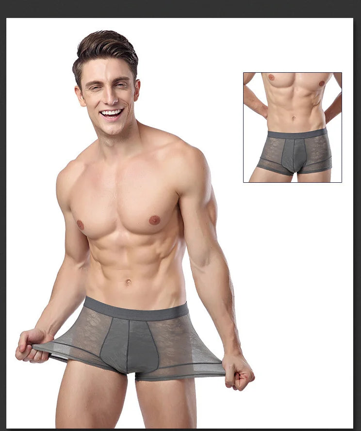 Men Boxer Underwear Sexy Ultra Thin Strectch See Through Panties Ice Silk Breathable Mid Waist Solid Underpants Male Briefs