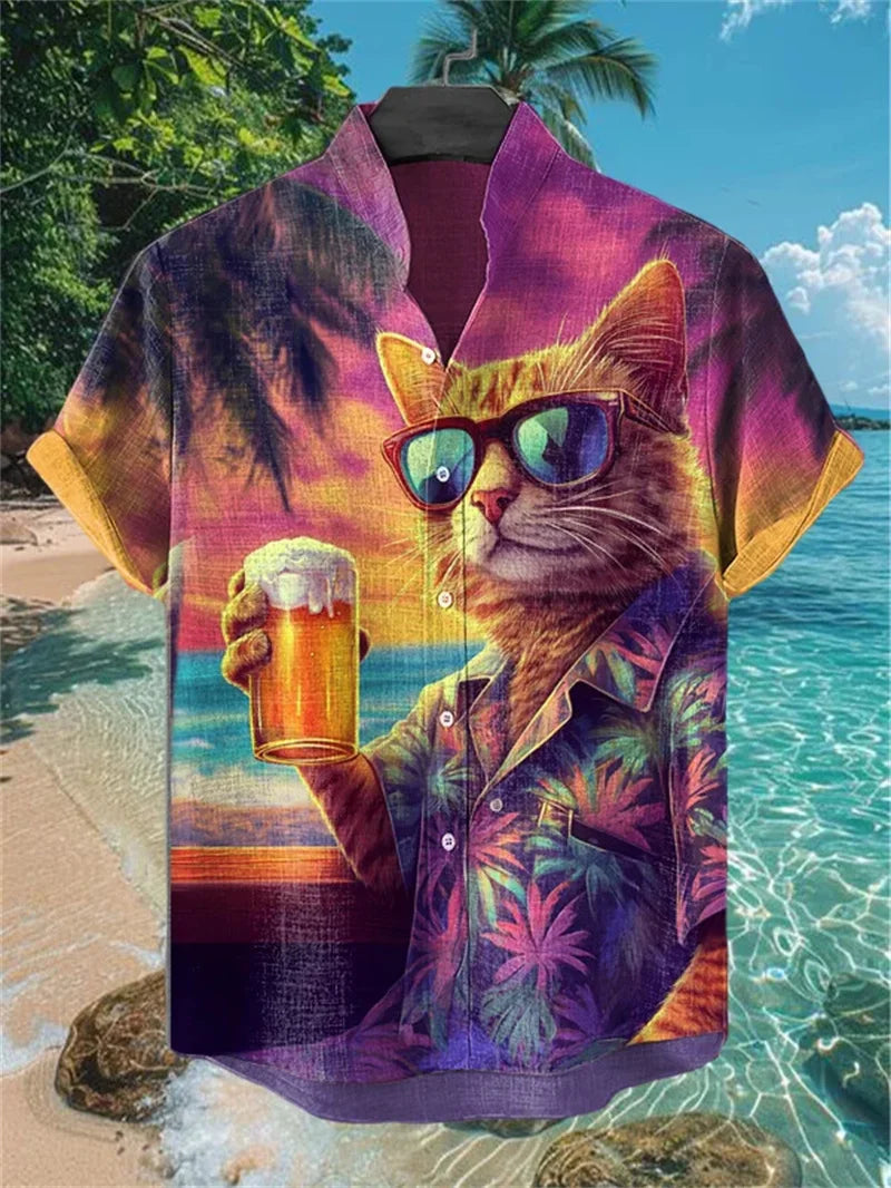 Men's Cat Ocean Art Shirt 3D Floral Print Casual Linen Hawaiian Shirt Summer Men's Short Sleeve Shirt Beach Top