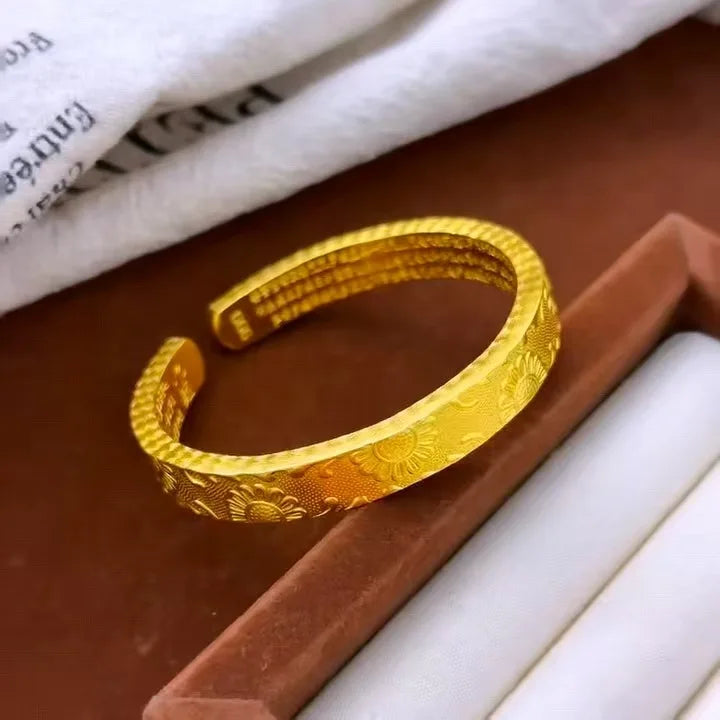 Sunflower Open Bangle Women's 24K Gold AU999 - 3D bloom shape, adjustable opening, high-purity gold shows sun-facing style