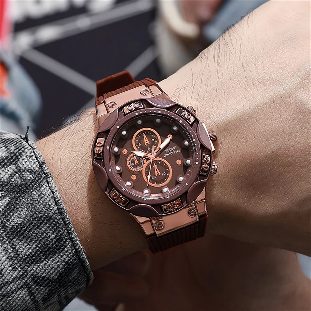 Men's Sports Watches Fashionable 2025 New Triple Bezel Design Quartz Watch Brown Silicone Military Clock Men Watches