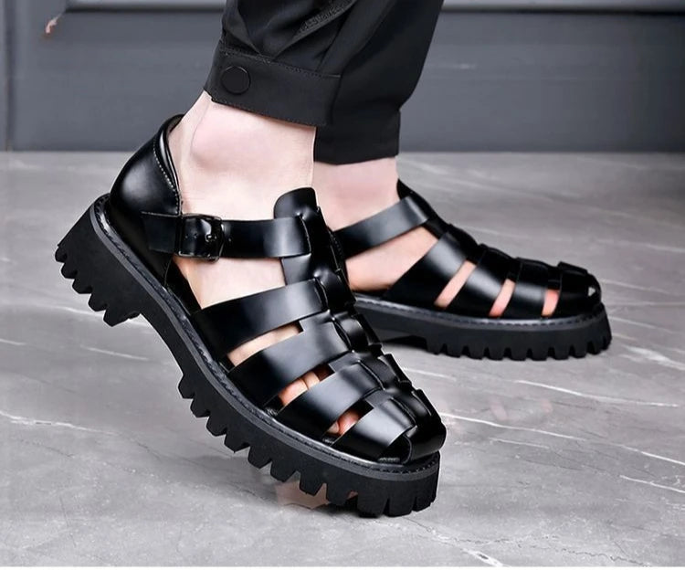 Fashion New Designer Platform Sandals for Men 2025 Summer Buckle Leather Dress Sandal Shoes Man Big Size Black  Sandalias Hombre