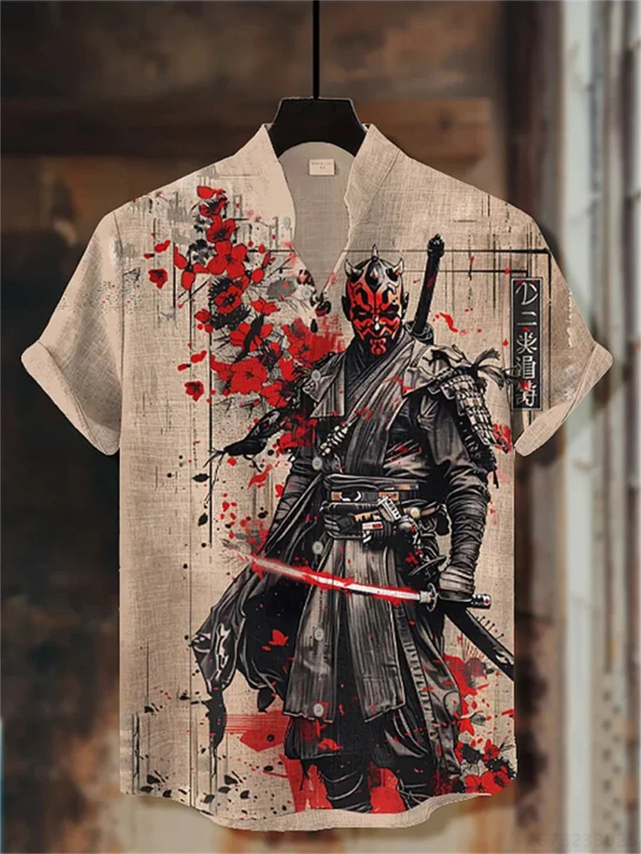 Men's short-sleeved shirt with samurai print and stylish ink painting design, summer casual men's top, trendy retro streetwear.