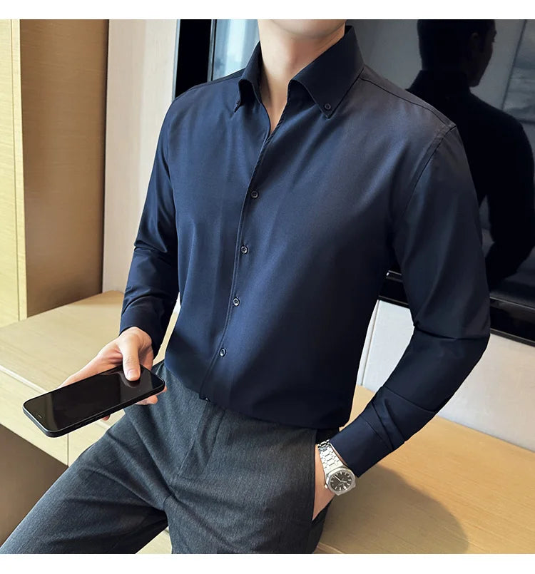 Men Dress Shirt 2025 Autumn British Style Solid Casual Slim Fit Formal Camisas V-neck Long Sleeves Shirt Streetwear Men Clothing