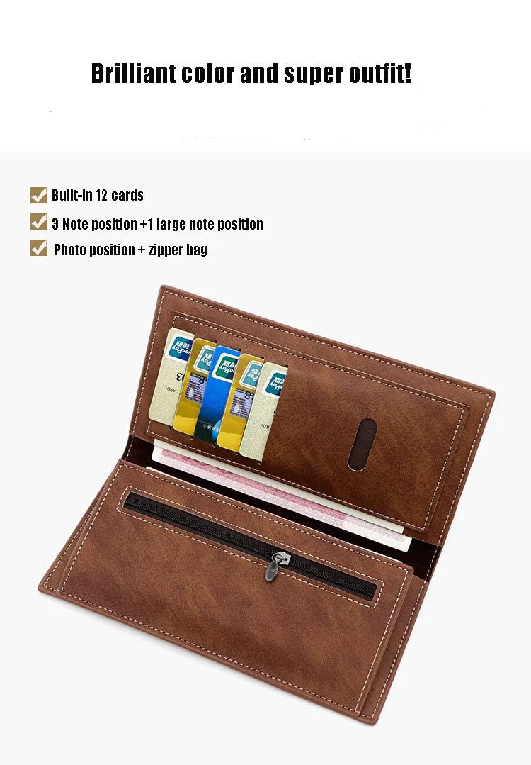 Men's Leather Wallet ID Card Holder Purse Checkbook Long Clutch Bifold Business Money Bag Man Wallets Cartera Hombre Carteras