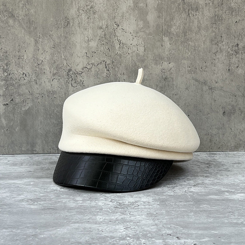 Fashion leather brim wool beret women's autumn/winter Korean style newsboy hat British knight hat duck cap Japanese system