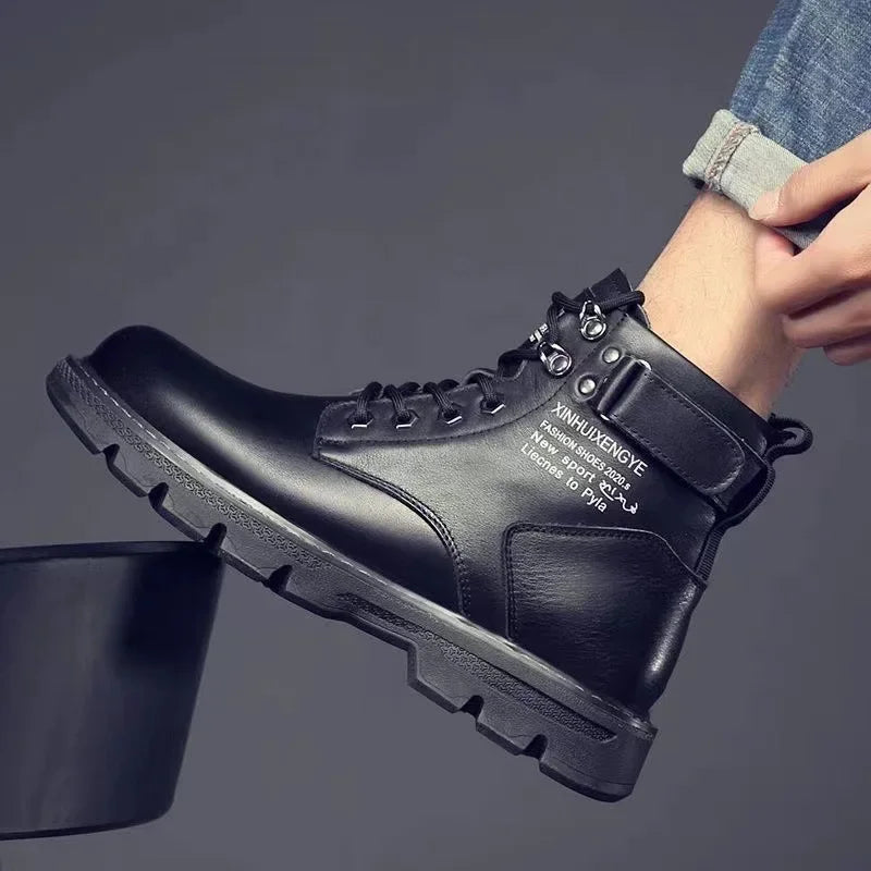 Winter Men's High Top Boots Trendy Black Motorcycle Boots Outdoor Warm Platform Boots Men Lace-up Leather Boots Bota Masculina