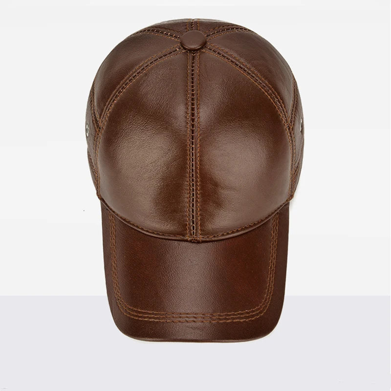 2025 New Style Men Cowhide Hat Winter Warm Outdoor Protect Ear Real Leather Adjustable Baseball Cap Men Real Cowhide Leather Cap