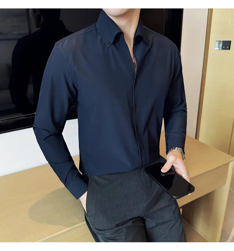 Men Dress Shirt 2025 Autumn British Style Solid Casual Slim Fit Formal Camisas V-neck Long Sleeves Shirt Streetwear Men Clothing