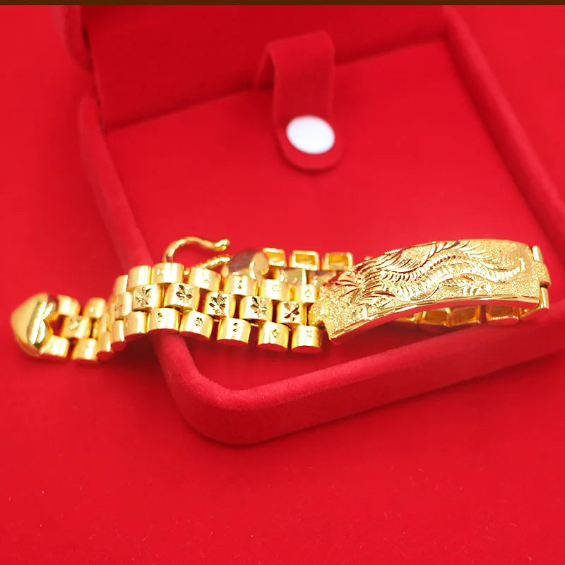 Real 18K Gold Color Dragon Flower Bracelet for Women Men Chain Pure Golden Plated Bracelet Bangle Fine Jewelry Gifts