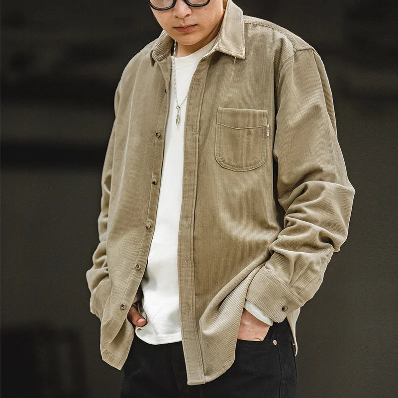 Maden Men's Shirt Casual Corduroy Long Sleeve Shirts Slim Fit Overcoat Spring Fleece Jacket Men's Clothing Retro Fashion Blouses