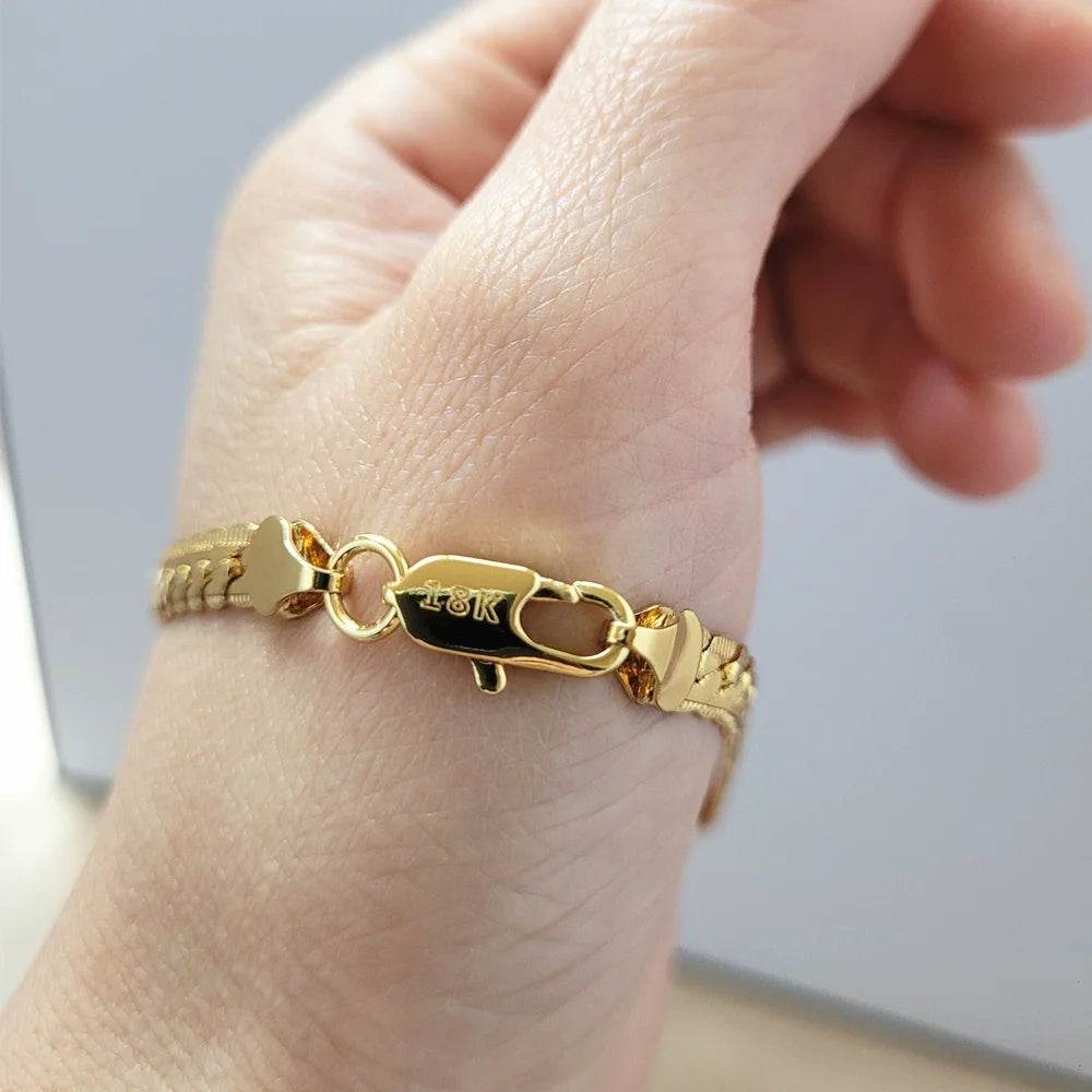 18K Gold 925 Sterling Silver Bracelets For Men Women Simple 5mm 20cm Flat Side Chain Bracelet Unisex Charm Jewelry Gifts