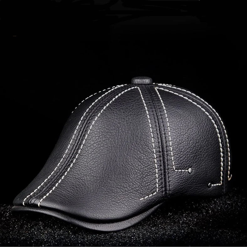 New Cowhide Genuine Leather Men Berets Cap Hat High Quality Fashion Men's Real Leather Adult Striped Black Hats