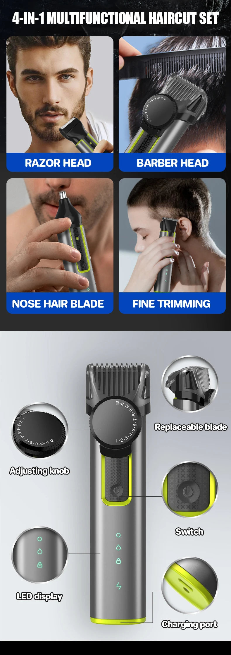 Beard Trimmer for Men Adjustable Hair Clippers Electric Cordless Kit Waterproof Professional Barbers Set Mens Mustache Trimmers