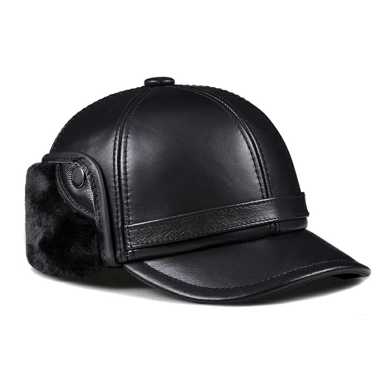 High Quality Genuine Leather Hats Winter First Layer Cowhide Warm Earmuffs Bomber Caps Plus Velvet Thicken Man Bone Caps Dad Hat