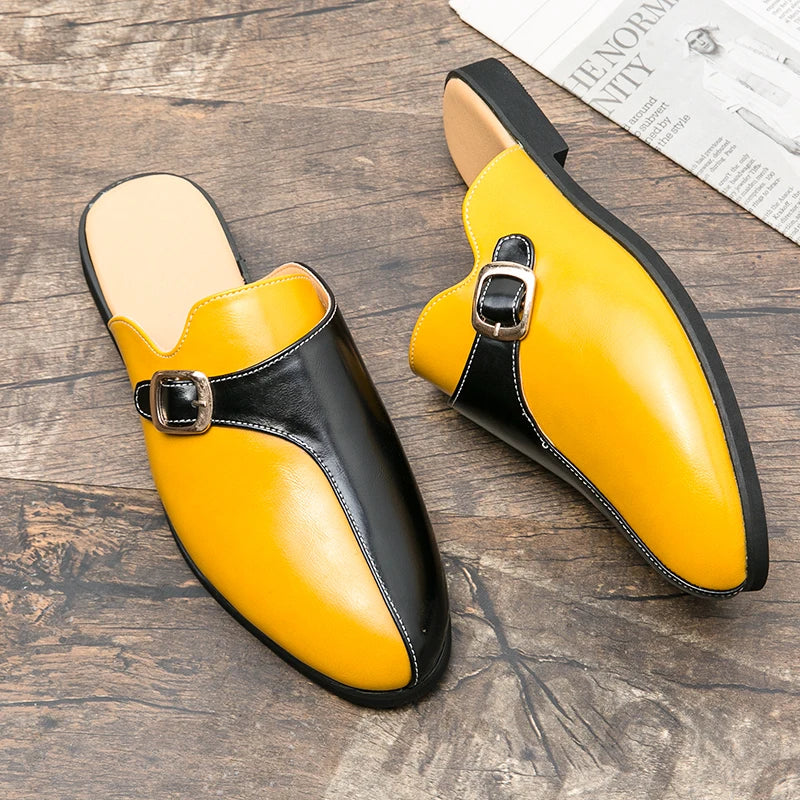 2024 New Luxury Designer Men's Casual Bling Leather Loafers Italian for Men Half Shoes Mules Male Black Slides Business Slippers