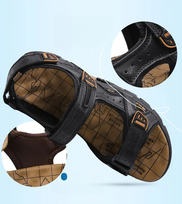 Men's shoes summer plus size shoes hollow soft bottom layer cowhide sandals casual sandals light outdoor beach shoes 38-46