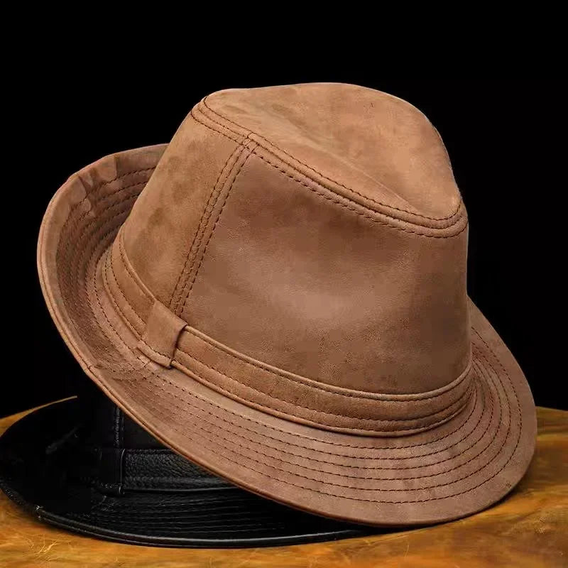 Retro Genuine Leather Cowhide Gentleman Fedoras Hat for Men Travel Warm Autumn Winter Top Hat