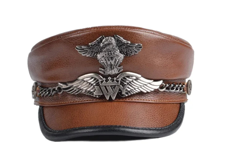 Unisex German Military Cap Man Genuine Leather Flat Top Hat Korean Fashion Eagle Mark Chain Punk Locomotive Casquette Male