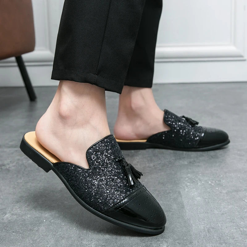 2024 New Luxury Designer Men's Casual Bling Leather Loafers Italian for Men Half Shoes Mules Male Black Slides Business Slippers