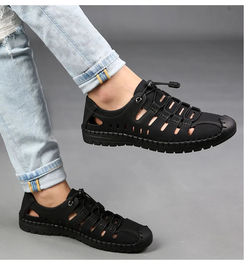 New 2025 Summer Shoes Men Sandals Genuine Leather Flat Non-slip Holiday Fashion Male Footwear Black Yellow D326