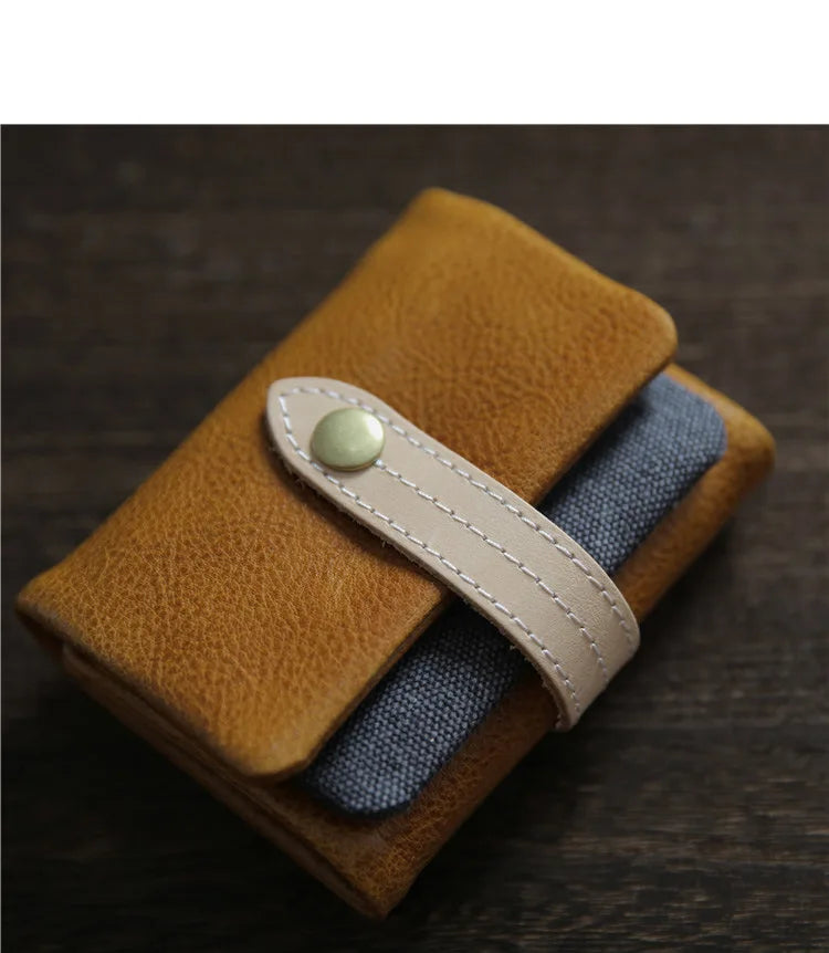 2025 Handmade Wallet Men's Short Leather Triple Fold Money Clip Cowhide Youth Buckle Student Vertical Vegetable Tanned Leather