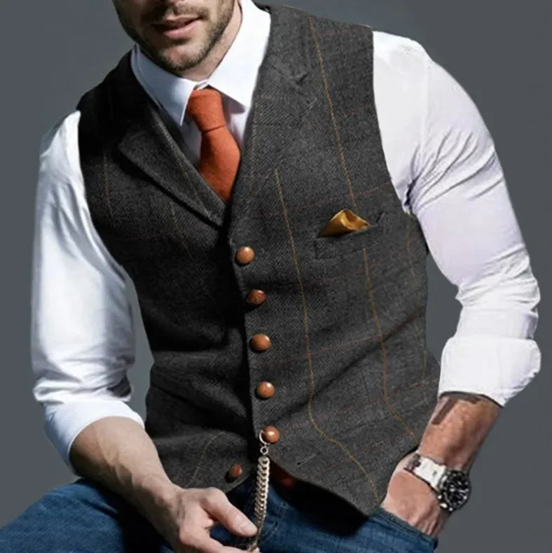 Men's Casual Classic Suit Vest Retro Herringbone Lapel Cotton Blended Tweed Slim Business Commuter Suit Lined Vest S-3XL