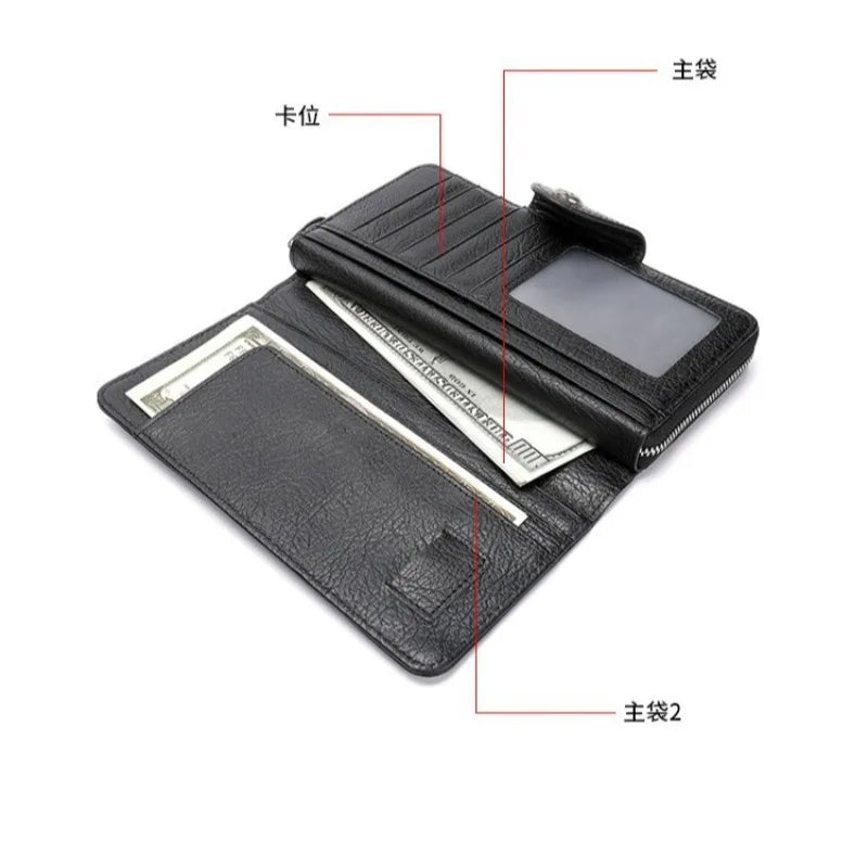 Leather long wallet men's top layer cowhide black business wallet horizontal square hand-held bag