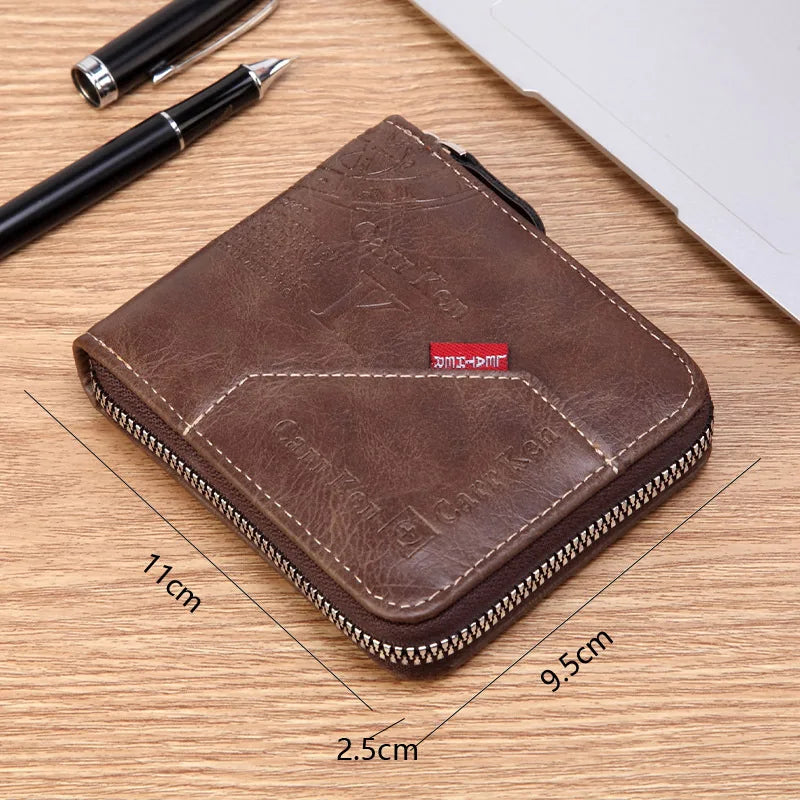 Men’s PU Waxed Oil Leather Wallet – Short Bifold Coin Purse with All-Around Zipper for Cash & Cards