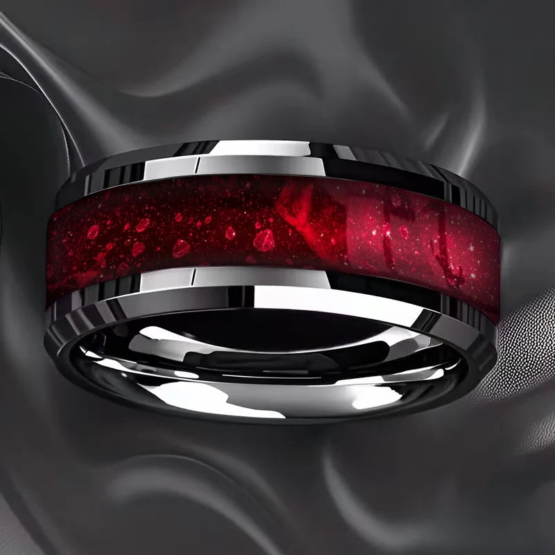 8mm Red Galaxy Nebula Crushed Stone Stainless Steel Ring Promise Wedding Ring for Men & Women, Comfort Fit, Wedding Band Jewelry